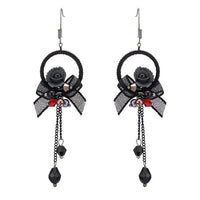 Load image into Gallery viewer, Brass Ohrringe silberfarben Kreis Stoff schwarz Blume Perlen Anhänger
