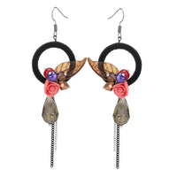 Cargar imagen en el visor de la galería, Brass Ohrringe silberfarben dicker Kreis schwarzer Stoff Blatt braun Rose Ketten
