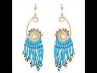 Load image into Gallery viewer, Brass Ohrringe goldfarben ethno Boho lange Fäden Spirale blau Bügelverschluss
