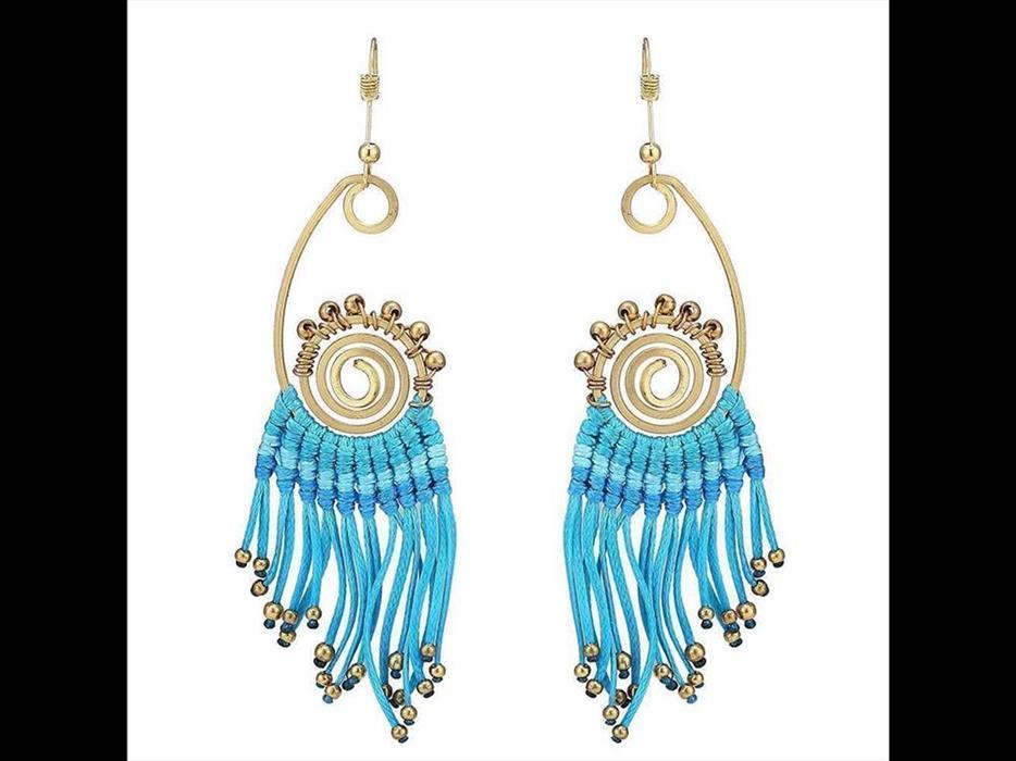 Brass Ohrringe goldfarben ethno Boho lange Fäden Spirale blau Bügelverschluss
