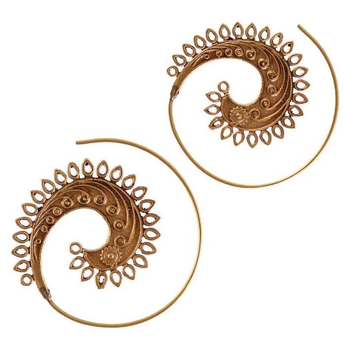 Messing Ohrringe golden Spiralen Blätter Muster geschwungene Linien antik