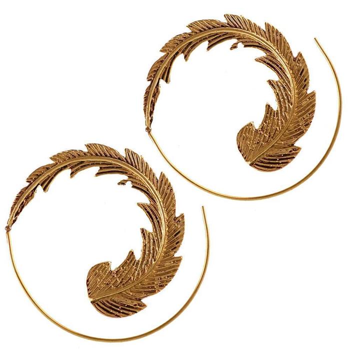 Messing Ohrringe fein golden Spiralen Feder plastisch Rillen oxidiert antik