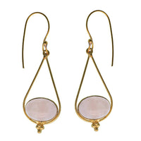 Load image into Gallery viewer, Ohrringe Rosenquarz oval Tropfen Dreieck Punkte Messing antik golden nickelfrei Tribal Ohrhänger
