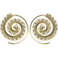 Load image into Gallery viewer, Spiralen Ohrringe Spiralbögen Punkte Kerbe Messing Brass antik golden nickelfrei Tribal Piercing
