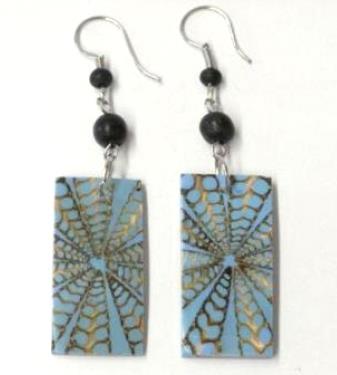 Spider shell earrings, rectangular light blue and beige spider shell earrings with stainless steel hooks