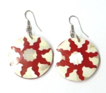 Mother-of-pearl shell earrings, round white mother-of-pearl shell earrings with a red sunburst pattern, hand-painted and with stainless steel hooks.