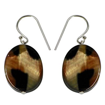 Mother-of-pearl shell earrings, oval mother-of-pearl earrings with tiger pattern and 925 sterling silver hooks