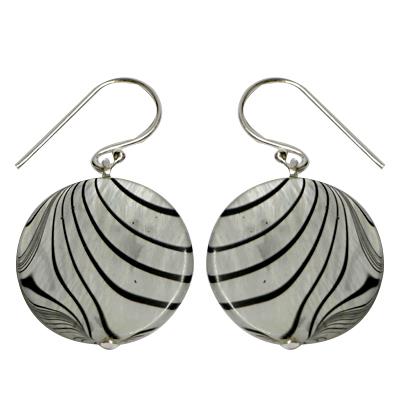 Mother-of-pearl shell earrings, round mother-of-pearl earrings with zebra pattern and 925 sterling silver hooks
