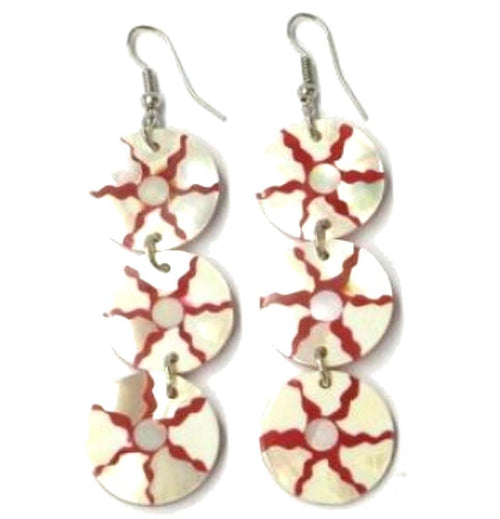 Mother-of-pearl shell earrings, white and red earrings with three round mother-of-pearl shells, hand-painted and with stainless steel hooks.