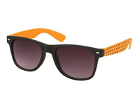 Cargar imagen en el visor de la galería, The Sonnenbrille Punkte Unisex Nerd Brille features black frames, orange arms, a black polka dot inner pattern, and dark gradient lenses with 400 UV protection—perfect for a cool retro style.
