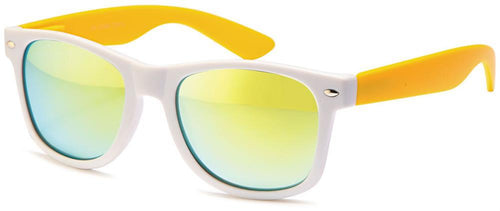 The Sonnenbrille verspiegelt 400 UV Nerdbrille weiß bunte Bügel features a white frame, colorful arms, and yellow-green mirrored lenses that provide stylish UV 400 protection for your eyes.