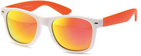Cargar imagen en el visor de la galería, The Sonnenbrille verspiegelt 400 UV Nerdbrille weiß bunte Bügel features white frames, colorful arms, and orange-yellow mirrored lenses, combining style with UV 400 protection for your eyes.
