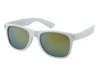 Load image into Gallery viewer, A pair of Sonnenbrille rot weiß Nerdbrille with silber gold rainbow-mirrored lenses and 400 UV protection, shown against a white background.
