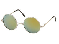 Cargar imagen en el visor de la galería, The Sonnenbrille Unisex Rund Hippie Brille John Lennon 400UV features thin silver metal frames and mirrored lenses in yellow, green, and blue shades for an iconic retro look, displayed on a white background.
