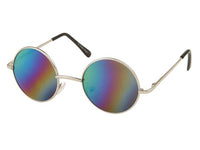 Cargar imagen en el visor de la galería, The Sonnenbrille Unisex Rund Hippie Brille John Lennon 400UV features thin silver frames, rainbow mirrored lenses, and black-tipped arms, capturing the iconic retro style of classic John Lennon glasses against a white background.
