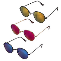 Cargar imagen en el visor de la galería, Drei Paar Sonnenbrille kleine Gläser John Lennon Hippie Brille aus Metall, bunt verspiegelt in Gold, Pink und Blau, mit UV 400 Schutz. Die unisex Brillen sind vertikal auf weißem Hintergrund angeordnet.
