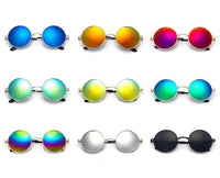 Cargar imagen en el visor de la galería, Nine Sonnenbrille Unisex Rund Hippie Brille John Lennon 400UV with colored reflective lenses—blue, yellow, red, green, light blue, orange, rainbow, silver, and black—arranged in three rows. Perfect for hippie Brille fans!.
