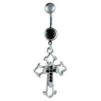 Load image into Gallery viewer, Bauchnabelpiercing silberfarben Kreuz auf Kreuz schwarz zwei Kugeln Edelstahl
