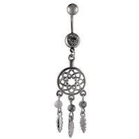 Load image into Gallery viewer, Bauchnabelpiercing silberfarben Traumfänger Federn weiß zwei Kugeln Edelstahl
