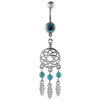 Load image into Gallery viewer, Bauchnabelpiercing silberfarben Traumfänger Federn türkis zwei Kugeln Edelstahl
