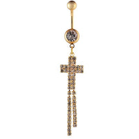 Load image into Gallery viewer, Bauchnabelpiercing golden Kreuz Reihen Zirkonia Steine zwei Kugeln Edelstahl

