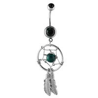 Load image into Gallery viewer, Bauchnabelpiercing silberfarben Traumfänger Kugel Grün im Netz Edelstahl
