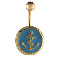 Load image into Gallery viewer, Bauchnabelpiercing goldfarben runde Platte blau Anker golden Edelstahl

