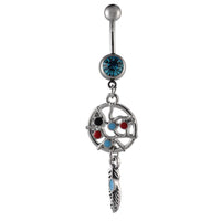 Load image into Gallery viewer, Bauchnabelpiercing silberfarben zwei Kugeln Traumfänger bunt Feder Edelstahl
