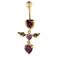Load image into Gallery viewer, Bauchnabelpiercing goldfarben 3 Herzen Lila mit Flügel Edelstahl
