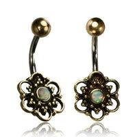 Load image into Gallery viewer, Bauchnabelpiercing Messing Edelstahl antik golden silbern Blüte weißer Opal
