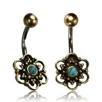 Load image into Gallery viewer, Bauchnabelpiercing Messing Edelstahl antik golden silbern Blüte Türkis
