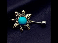 Load image into Gallery viewer, Bauchnabelpiercing Edelstahl Türkis gold Blume
