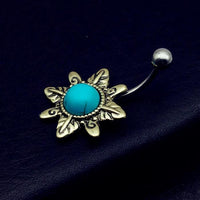 Load image into Gallery viewer, Bauchnabelpiercing Edelstahl Türkis gold Blume
