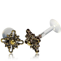 Load image into Gallery viewer, Labret Lippen Piercing Acryl Kreuz Blume antik golden Brass Motiv
