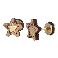 Load image into Gallery viewer, Fake Piercing Expander goldfarben Stern in hellem Holzrahmen Schaubverschluss Edelstahl
