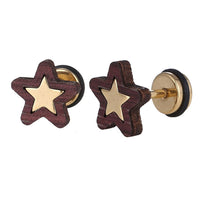 Load image into Gallery viewer, Fake Piercing Expander goldfarben Stern in dunklem Holzrahmen Schaubverschluss Edelstahl

