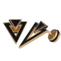 Load image into Gallery viewer, Fake Piercing Expander goldfarben Dreieck schwarz kleines schwarz Schaubverschluss Edelstahl
