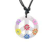 Load image into Gallery viewer, Kette Sono Holz Peace Anhänger schwarz Blumen bunt 33 mm verstellbar Baumwolle Hippie
