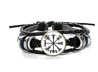 Load image into Gallery viewer, Viking Kompass Leder Armband schwarz silber verstellbar

