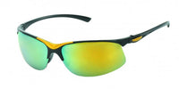 Cargar imagen en el visor de la galería, A pair of Sonnenbrille Sport verspiegelt 400 UV with metallic farbig Verzierung unten, frameless design, and yellow bridge accent is displayed on a white background.
