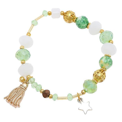 Armband golden Stein Kristall Brass Perlen grün weiß Stern Quaste verstellbar - chic - net.de