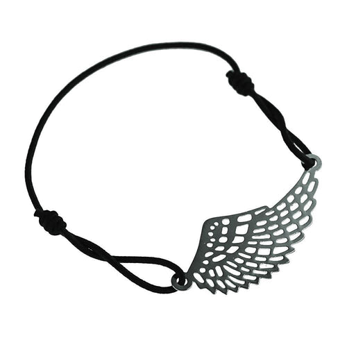Armband Gummiband schwarz Messing Anhänger Flügel silbern dünn filigran - chic - net.de