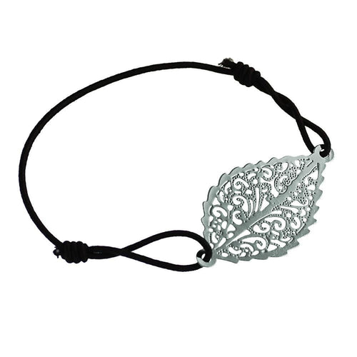 Armband Gummiband schwarz Messing Anhänger silbern Blatt spitz verschnörkelt Muster - chic - net.de