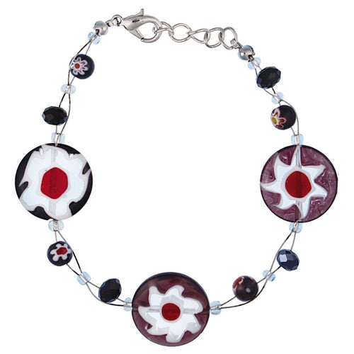 Armband Muranoglas Glasperlen schwarz bunt Blumen Scheiben Perlen 18 - 20 cm nickelfrei Glitzer - chic - net.de