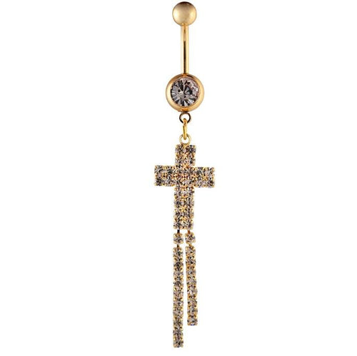 Bauchnabelpiercing golden Kreuz Reihen Zirkonia Steine zwei Kugeln Edelstahl - chic - net.de