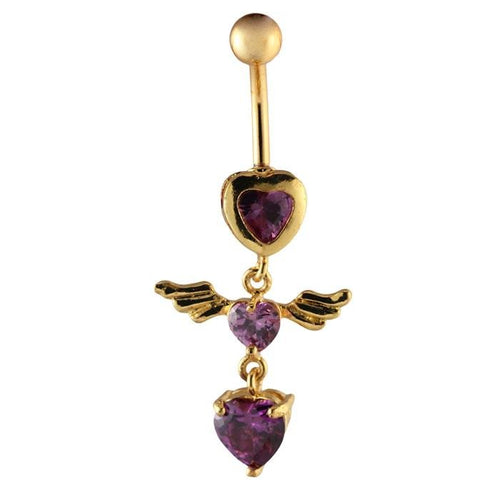 Bauchnabelpiercing goldfarben 3 Herzen Lila mit Flügel Edelstahl - chic - net.de