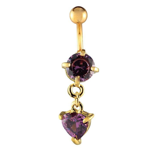 Bauchnabelpiercing goldfarben Lila großer runder Zirkonia Stein Herz Anhänger Edelstahl - chic - net.de