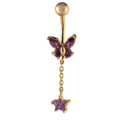 Bauchnabelpiercing goldfarben Schmetterling Stern Lila Zirkonia Edelstahl - chic - net.de