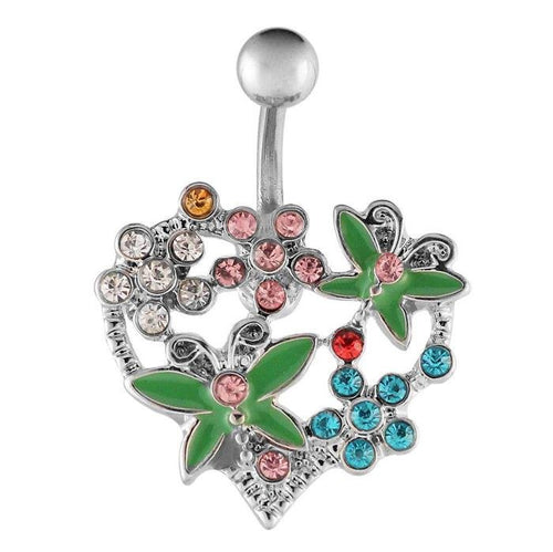 Bauchnabelpiercing silberfarben Großes Herz bunt Blumen Schmetterlinge Edelstahl - chic - net.de
