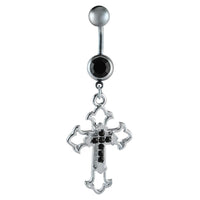 Load image into Gallery viewer, Bauchnabelpiercing silberfarben Kreuz auf Kreuz schwarz zwei Kugeln Edelstahl - chic - net.de
